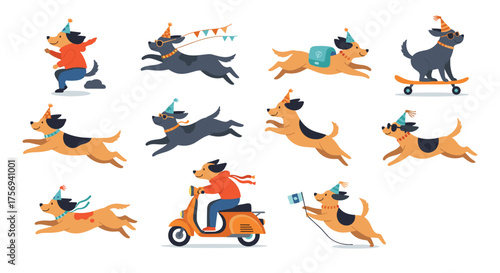 A collection of cartoon dogs enjoying a party in various playful poses and activities.