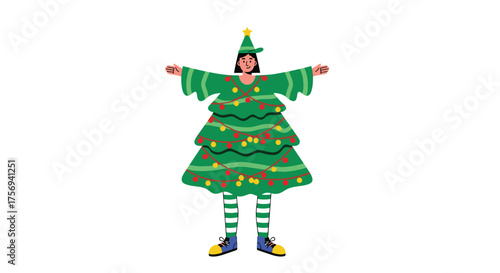 A person wearing a festive christmas tree costume with striped socks and shoes.