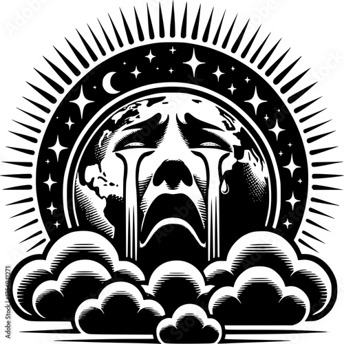 Earth in Distress: A striking illustration of Earth depicted with a sorrowful expression, its tears symbolizing the planet's fragility and environmental crisis.