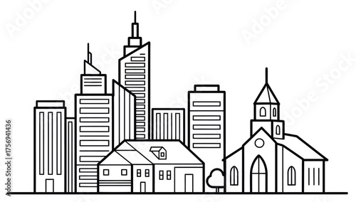 Cityscape Line Art Drawing Buildings and Church