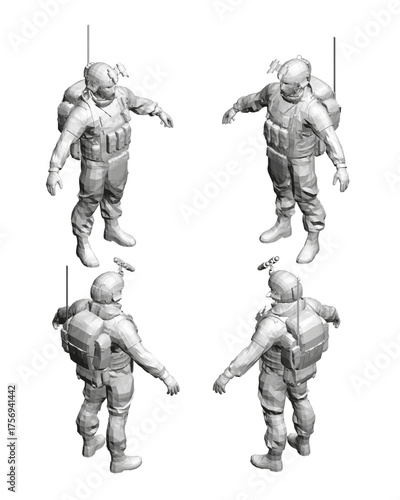 A low poly astronaut in full uniform stands in a classic pose against a clean white background, featuring a detailed helmet and backpack. Isometric view. 3D. Vector illustration.