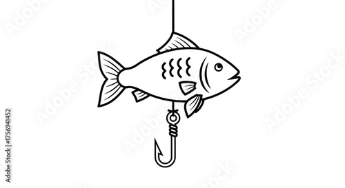 A fish is caught on a hook and line..