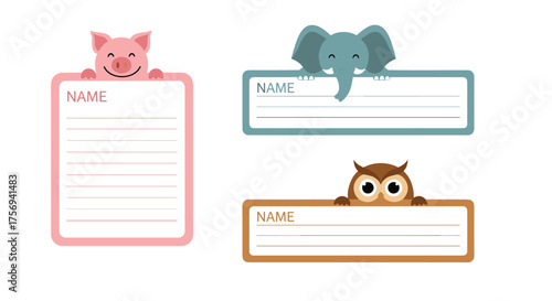 Cute animal name tags for kids with space for writing names.