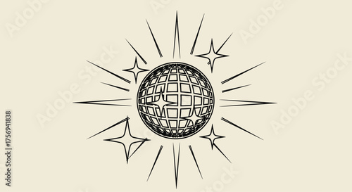 A retro disco ball shining brightly surrounded by stars and light rays.