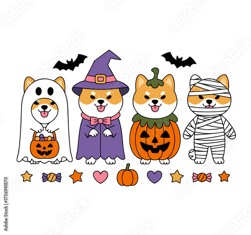 Four whimsical halloween shiba inu dressed in
haloween costumes in a row
