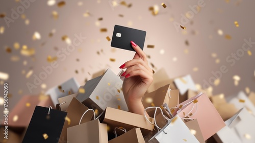 A female hand with red nails holds a black credit card above a pile of colorful shopping bags and falling golden confetti. The concept expresses luxury, celebration, success, and modern consumer lifes