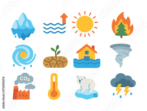 Vector Climate change icons including iceberg, flood, drought, and greenhouse effects
