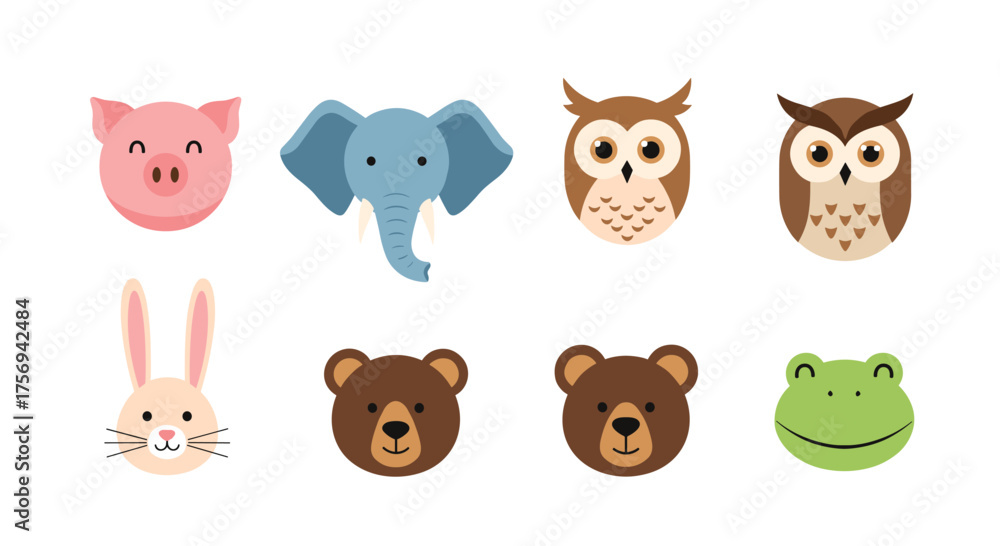 Obraz premium A collection of cute cartoon animal faces in pixel art style.