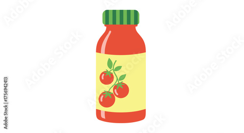 A bottle of ketchup with a yellow label and tomatoes on it.