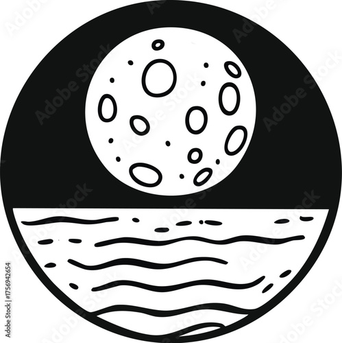 Circular monochrome illustration of a full moon with craters above a body of water with waves and ripples