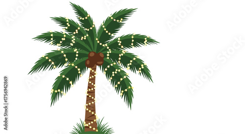 A tropical palm tree decorated with bright festive lights.