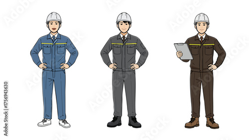 働く作業着の人たちの立ち絵イラスト