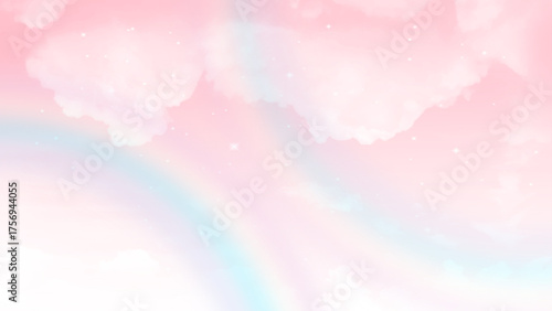 Pink sky clouds background with rainbow effect. Vector design.