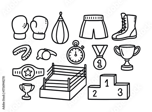 Vector Boxing equipment icons: gloves, ring, trophies, medal, stopwatch, mouthguard, boots