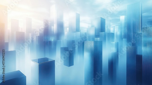 Futuristic cityscape with tall, sleek skyscrapers enveloped in mist under a soft, glowing sky conveying a serene and ethereal atmosphere
