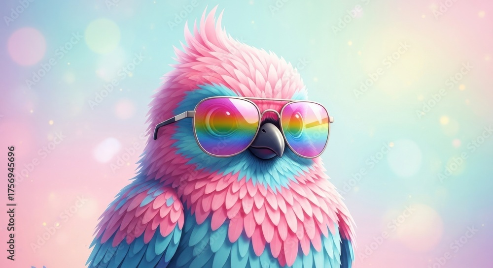 Naklejka premium Playful cartoon bird with fluffy pink and blue feathers wearing oversized rainbow sunglasses on pastel bokeh background
