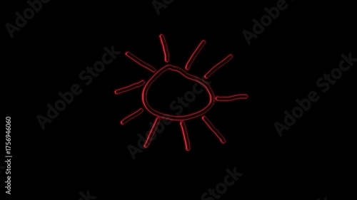 Animated Red Neon Sun Outline Glowing on a Black Background Loop