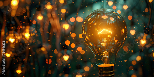 
Abstract bokeh with light bulbs in warm colors, concept of innovation and creativity. Light bulb in the dark, symbol of idea and energy