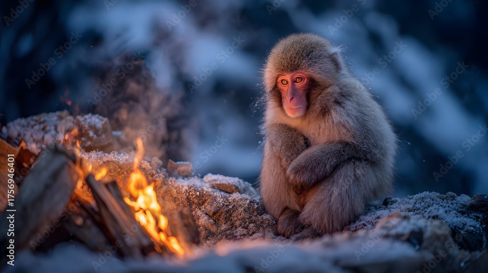 Fototapeta premium Snow monkey sits by a warm campfire on a cold snowy night.