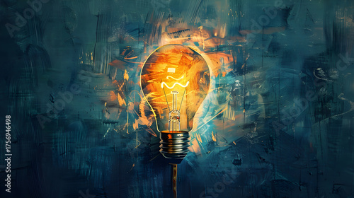 Light of an idea - artistic image of a glowing light bulb in abstract colors. Bright lamp on an artistic background - concept of innovation, ideas and inspiration 