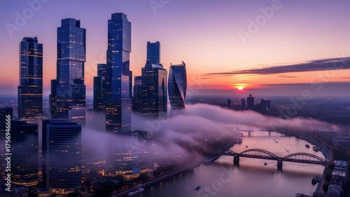Spectacular sunrise over Moscow's modern skyline, with low-lying clouds enveloping the city's