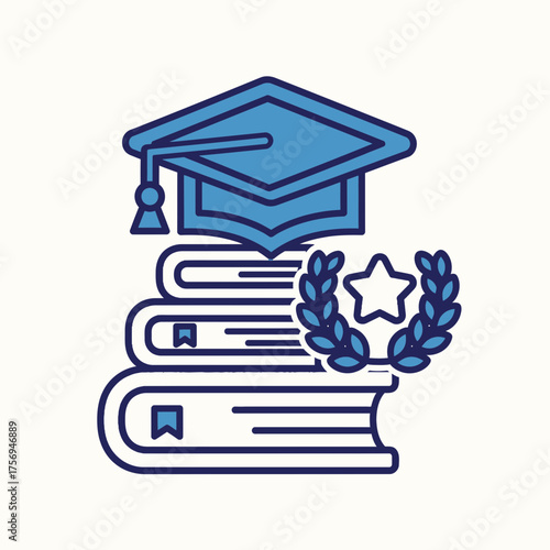 Education Graduation Cap and Books Icon, Knowledge and Achievement Symbol
