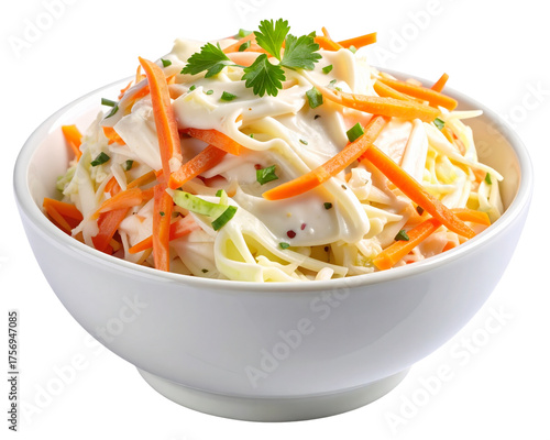A white ceramic bowl filled with classic creamy coleslaw made of finely shredded cabb 