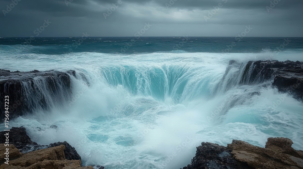 Fototapeta premium Powerful ocean waves crashing into a rocky shore creating turbulent white foam under an overcast sky