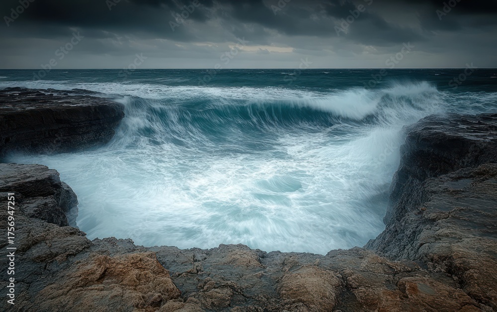 Fototapeta premium Powerful waves crashing into rocky coastline under a moody cloudy sky with turbulent sea and dynamic water movement