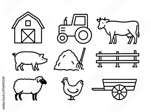 Vector Farm icon set featuring barn, tractor, livestock, and tools