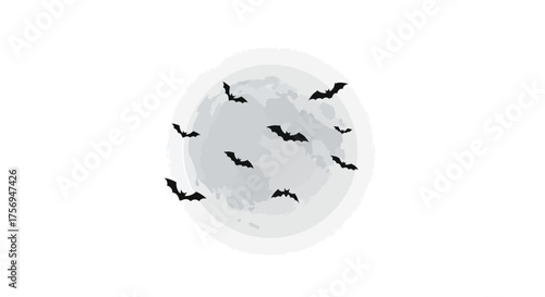 A flock of black bat silhouettes flying across a full moon.