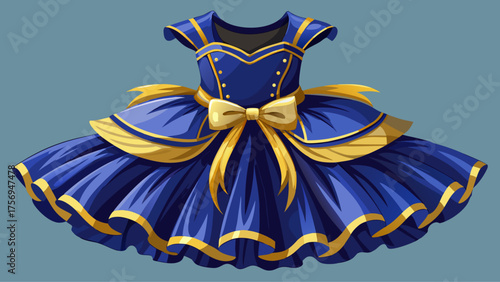 Very beautiful navy blue velvet bodice with golden ribbon accents, paired with a layered tulle skirt, creating a festive, chic, and playful outfit ideal for children’s illustration or vector design.