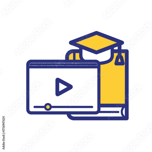 Digital education symbol for blended online learning, featuring a video player for a university green screen tutorial