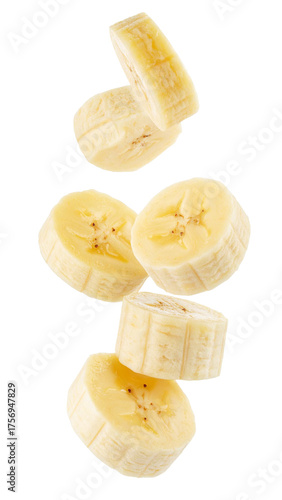 Falling banana slices, healthy tropical fruit pieces peeling, vitamin snack food ingredient on transparent background