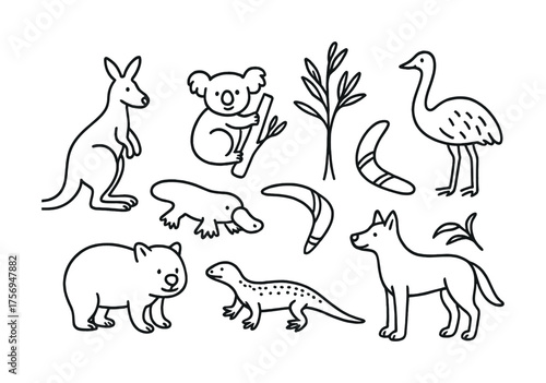 Vector Australian wildlife icons: kangaroo, koala, platypus, and more in line art