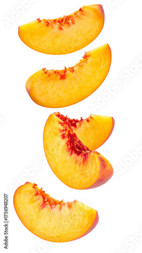Fresh juicy peach slices falling, capturing healthy eating and summer fruit concepts with a transparent background