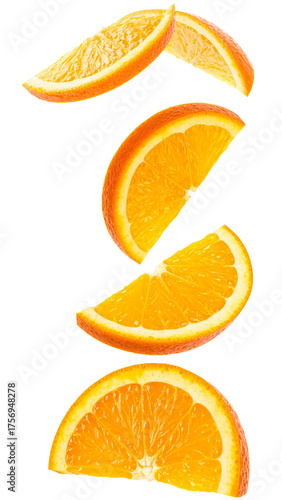Fresh falling orange slices on transparent background symbolizing healthy eating, natural freshness, and vitamin C