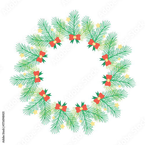Christmas circle frame with decorations and coniferous branches. Fir and pine green twigs wreath. Vector illustration. Plant garland. Template for holiday new year card and poster design.
