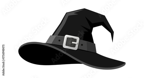 Classic black pointed witch hat with a silver buckle.