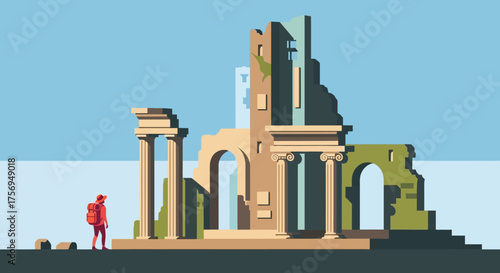 Traveler exploring ancient ruins under a clear blue sky.