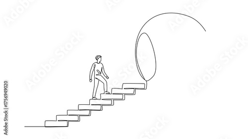 Animated self drawing of single one line drawing a man walks up a ladder towards big lightbulb with hole in the center. Closing the gap. Clearing mind. National Creativity Day. Full length animation