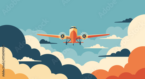 Vintage Airplane Flying Through Clouds.