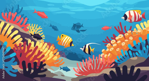 Vibrant Coral Reef Ecosystem with Diverse Marine Life.