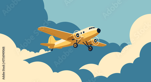 Vintage Yellow Airplane Flying Through Fluffy Clouds in a Blue Sky.