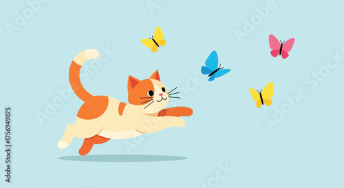 A cute cartoon cat leaps through the air to catch fluttering butterflies.