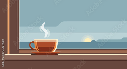 A warm cup of coffee resting on a windowsill overlooking a serene landscape.