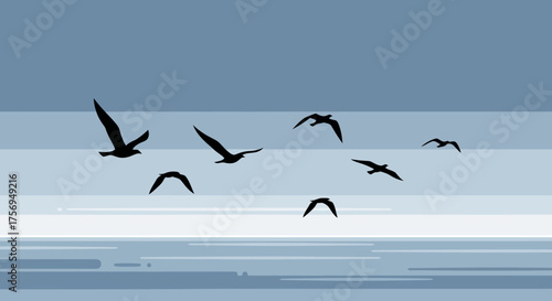 Birds soaring gracefully across the serene, tranquil, and expansive sky.