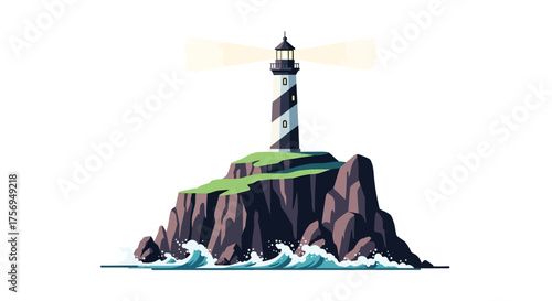 Black and white striped lighthouse on a rocky island with ocean waves.