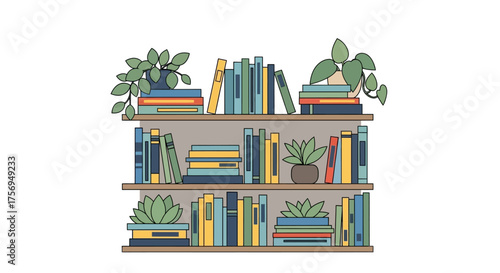 Bookshelf with Various Books and Potted Plants.