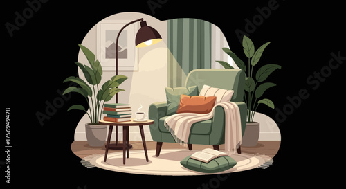 Cozy reading nook illustration with a green armchair and floor lamp.
